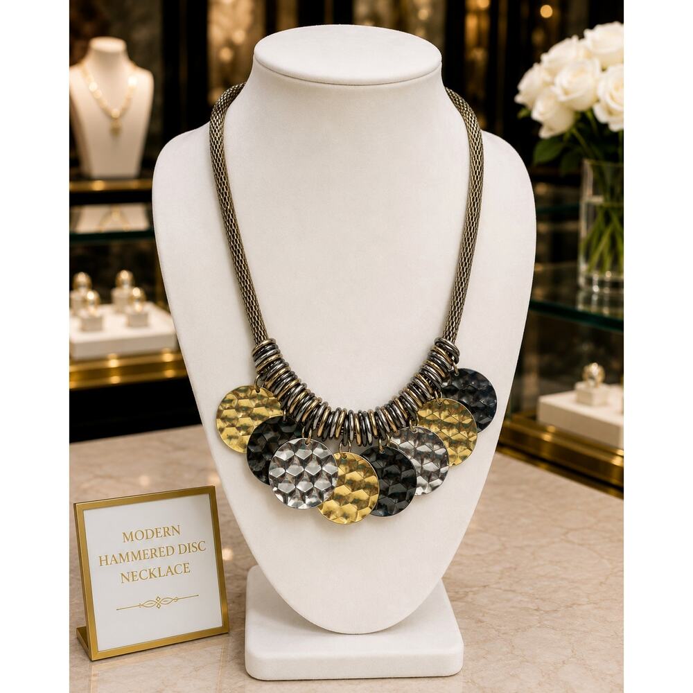 Silver Tone Mesh Chain Statement Necklace Textured Disc Dangles Collar Necklace